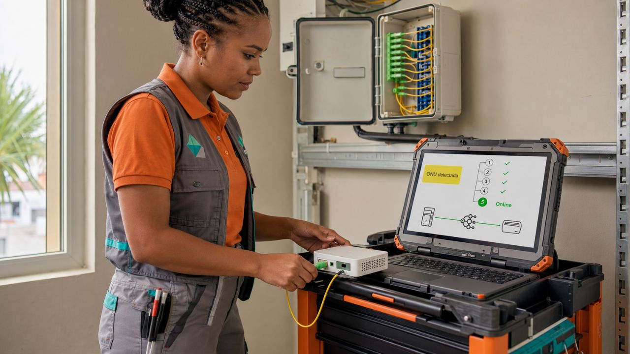 Ingeniero de red configurando equipos GPON