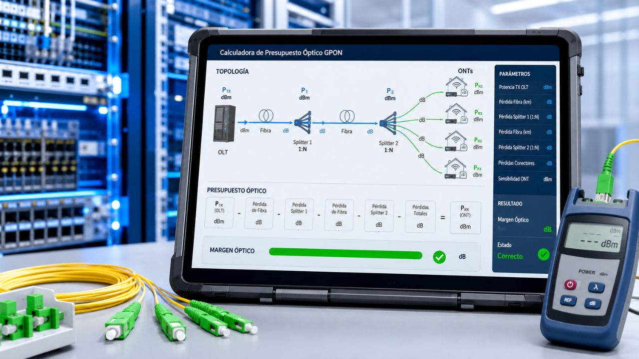 Técnico midiendo potencia óptica en fibra GPON con power meter