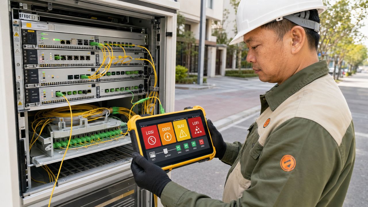 Equipos de fibra óptica GPON en rack de ISP