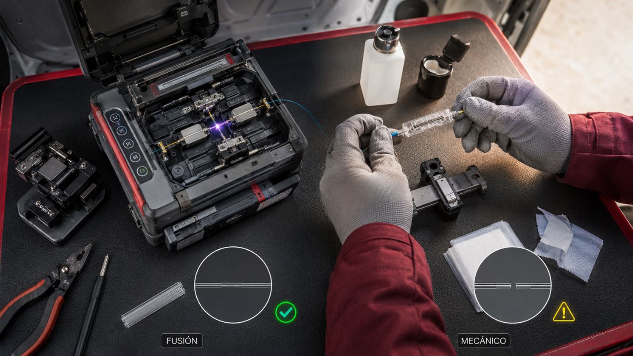 Técnico haciendo empalme de fibra óptica