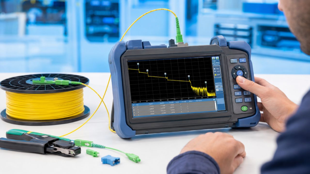 OTDR mostrando trazo de fibra óptica con eventos y tabla de mediciones
