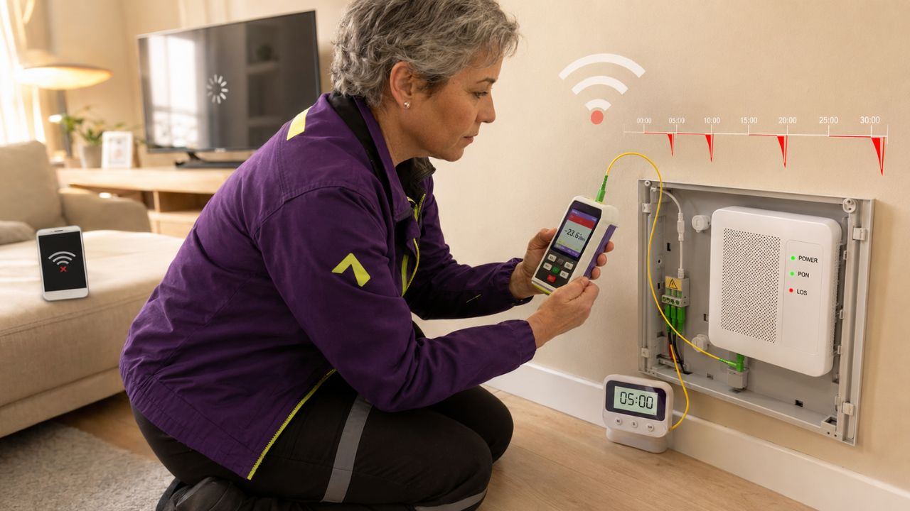 Equipo de fibra óptica y ONU en un rack de ISP