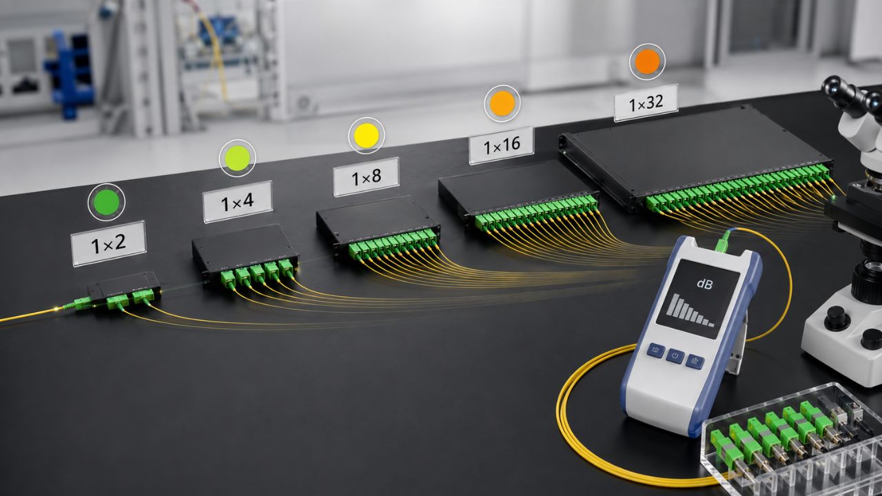 Patch panel con múltiples cables de fibra óptica conectados